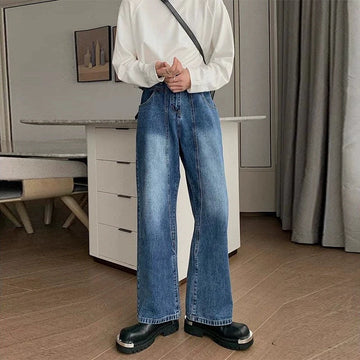 New Korean Cleanfit Male Jeans Luxury Naples High Waist Wide Legs Denim Pants Fashion Solid Color Retro Premium Elegant Trousers
